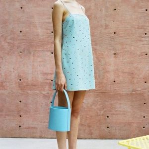 STAUD Powder Blue Mini Slip Dress with Tiny Floral Motif